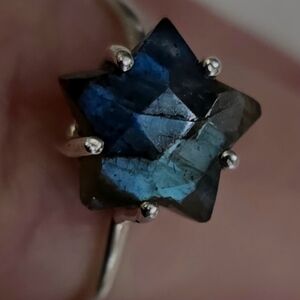 Star-Shaped Sterling Silver 925 Ring  Blue Labyrinth Stone Adjustable NEW